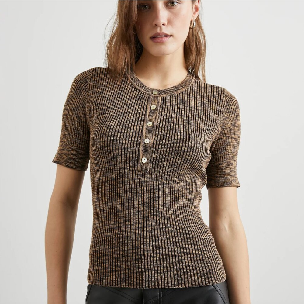 Rails Toni Top Fitted Rib Knit Henley Mocha Space Dye Size S $178